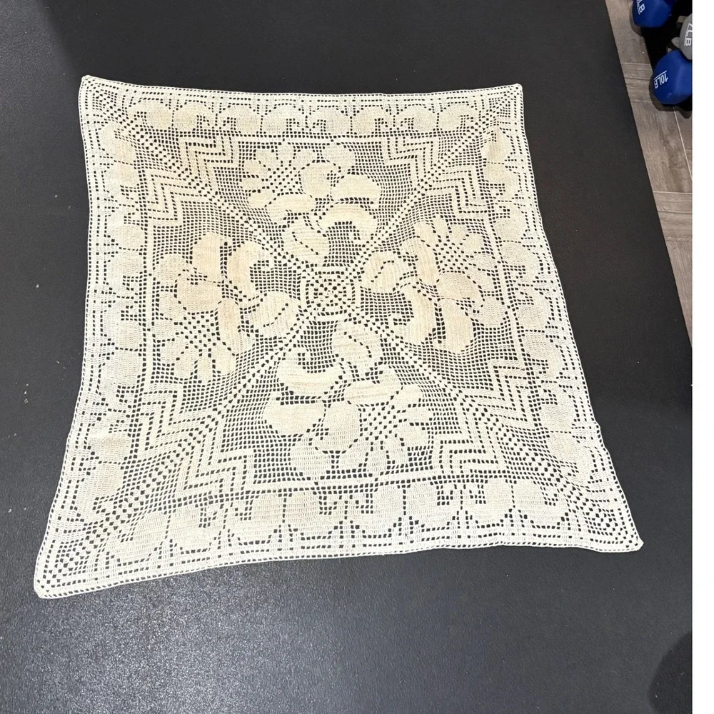 Vintage Handmade Crochet Lace Square Tablecloth Floral Cream 35'' Farmhouse Boho